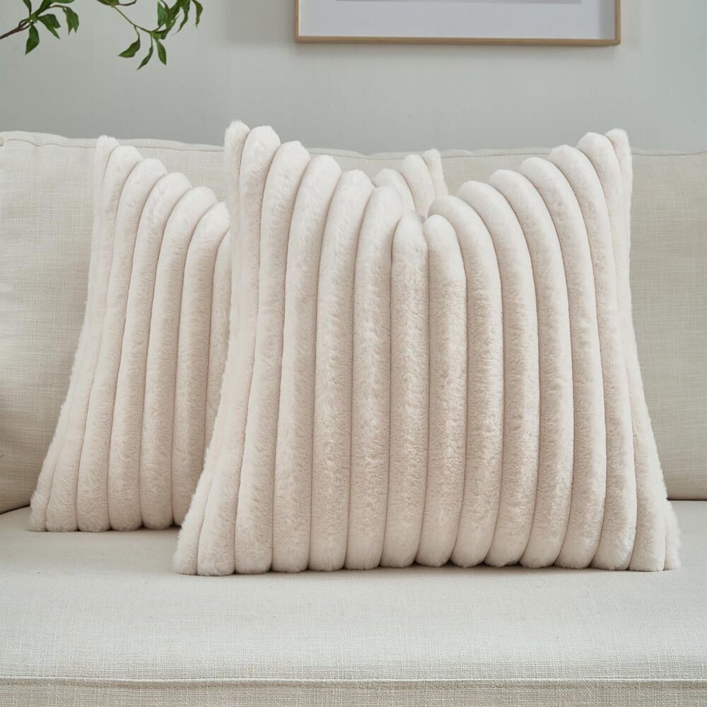 6757 Beige Striped Decorative Throw Pillow Covers 16x16 Inch Set of